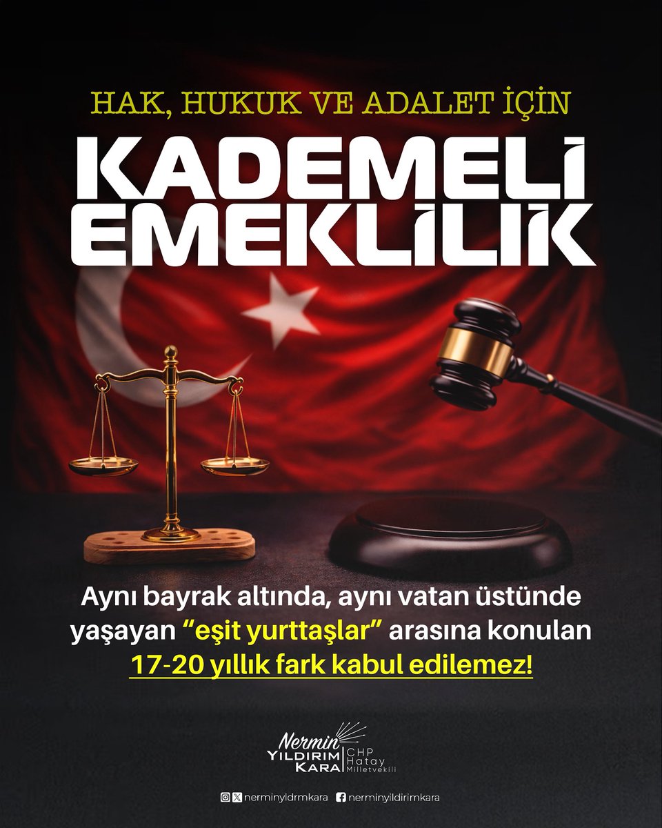 nerminyldrmkara's tweet photo. ⚖️ HAK, HUKUK, ADALET İÇİN

KADEMELİ EMEKLİLİK!

Aynı bayrak altında, aynı vatan üstünde yaşayan “eşit yurttaşlar” arasına konulan 17-20 yıllık fark kabul edilemez! 

@EmadDernegi 

#KademeHaktırHak #EmeklininSavaşıGeçim #KademeliEmeklilik #EmeklidenMüjdeSandıkta #EmekliyeDertOldunuz
