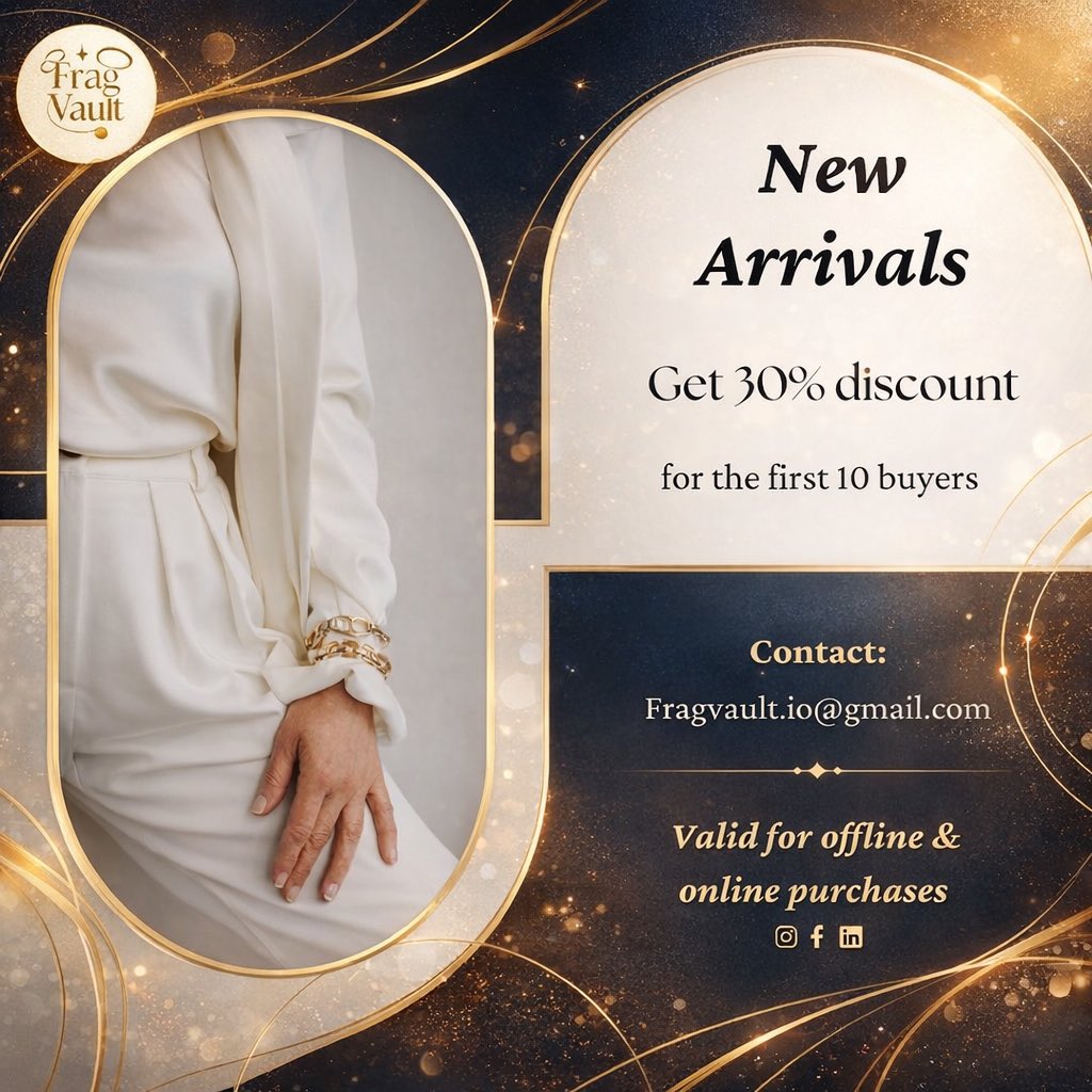 FragVault's tweet photo. ✨ New Arrivals at Frag Vault
Get 30% OFF on our latest collection for the first 10 buyers.
Elevate your style with timeless elegance.

Shop now &amp; stand out.

#FragVault #JewelleryStyle #NewArrivals #LuxuryAccessories #ShopNow https://t.co/ctEwcYMuqd