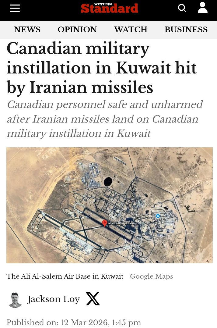 RealMattA_'s tweet photo. Remember when Prime Minister Carney said Canada would NEVER enter the war with Iran?

What now?

A Canadian base has been struck by an Iranian missile.

We await the damage report to find out the status of the tampon supply.

Does this mean WAR? https://t.co/cYaSRVigdX
