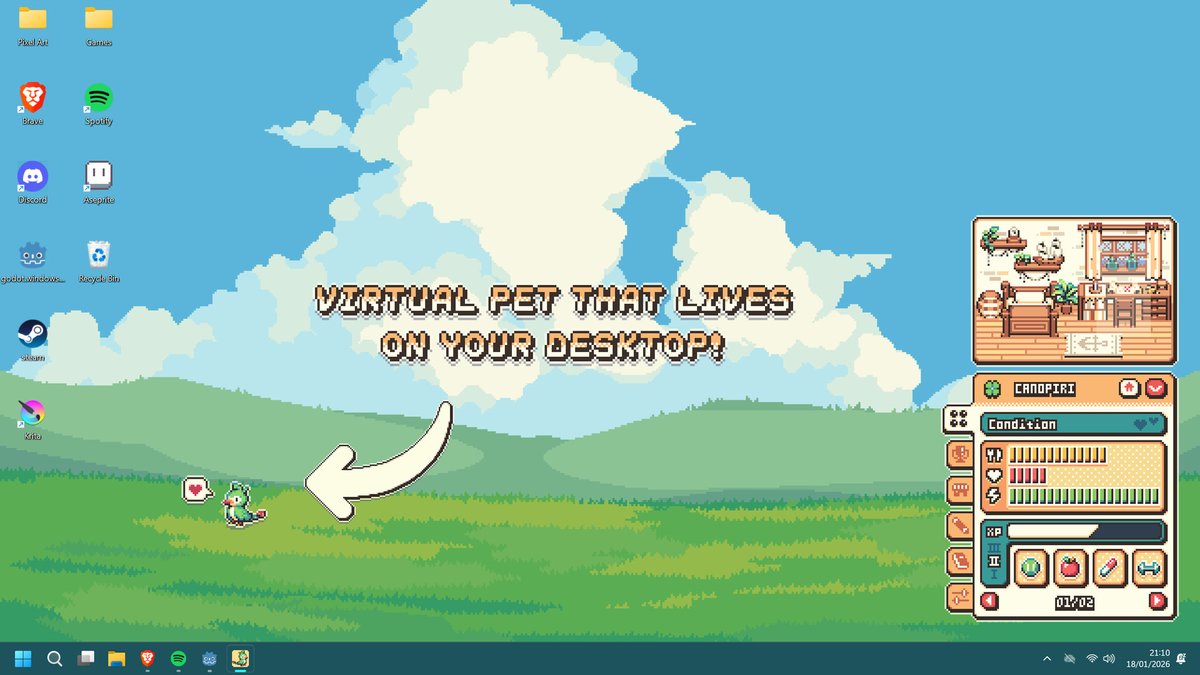 SargantanaGames's tweet photo. So glad we got accepted in the Steam #RelaxingEvent 2026! 🥳

If you'd like a Tamagotchi or v-pet running around your screen, you will definitely enjoy VPetlings!💛 https://t.co/bezJj4WMRZ