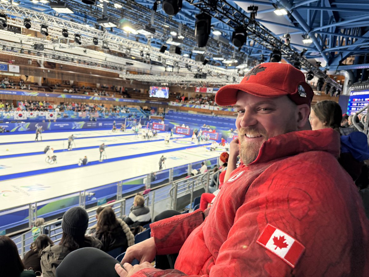 Three-time Paralympic medallist para snowboarder Canada’s Tyler Turner is taking in tonight’s wheelchair curling action. 

He competes tomorrow morning but told me he wasn’t missing Canada vs USA.

Canada just tied it up 2-2 with two in the 2nd end.