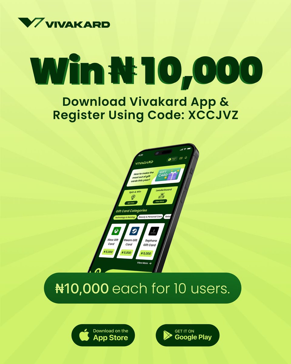 🚨 ₦100k GIVEAWAY

1️⃣ Repost this tweet &amp; follow <a href="/VivakardApp/">Vivakard</a>
2️⃣ Download the Vivakard app and sign up with my code XCCJVZ
3️⃣ Drop your registration screenshot + your OPay account details in the comments

I go pick 10 people wey ₦10,000 go land for their OPay like magic.

If