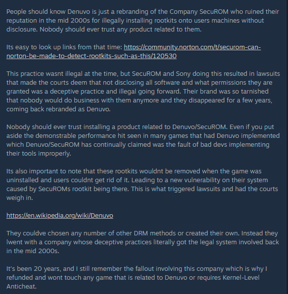 _DMJohn0X's tweet image. Denuvo/SecuROM is a malware company. They rebranded after ruining their reputation in the mid 2000s by installing rootkits that couldnt be removed secretely as a form of DRM. People arent just mad that denuvo has a record of affecting performance.