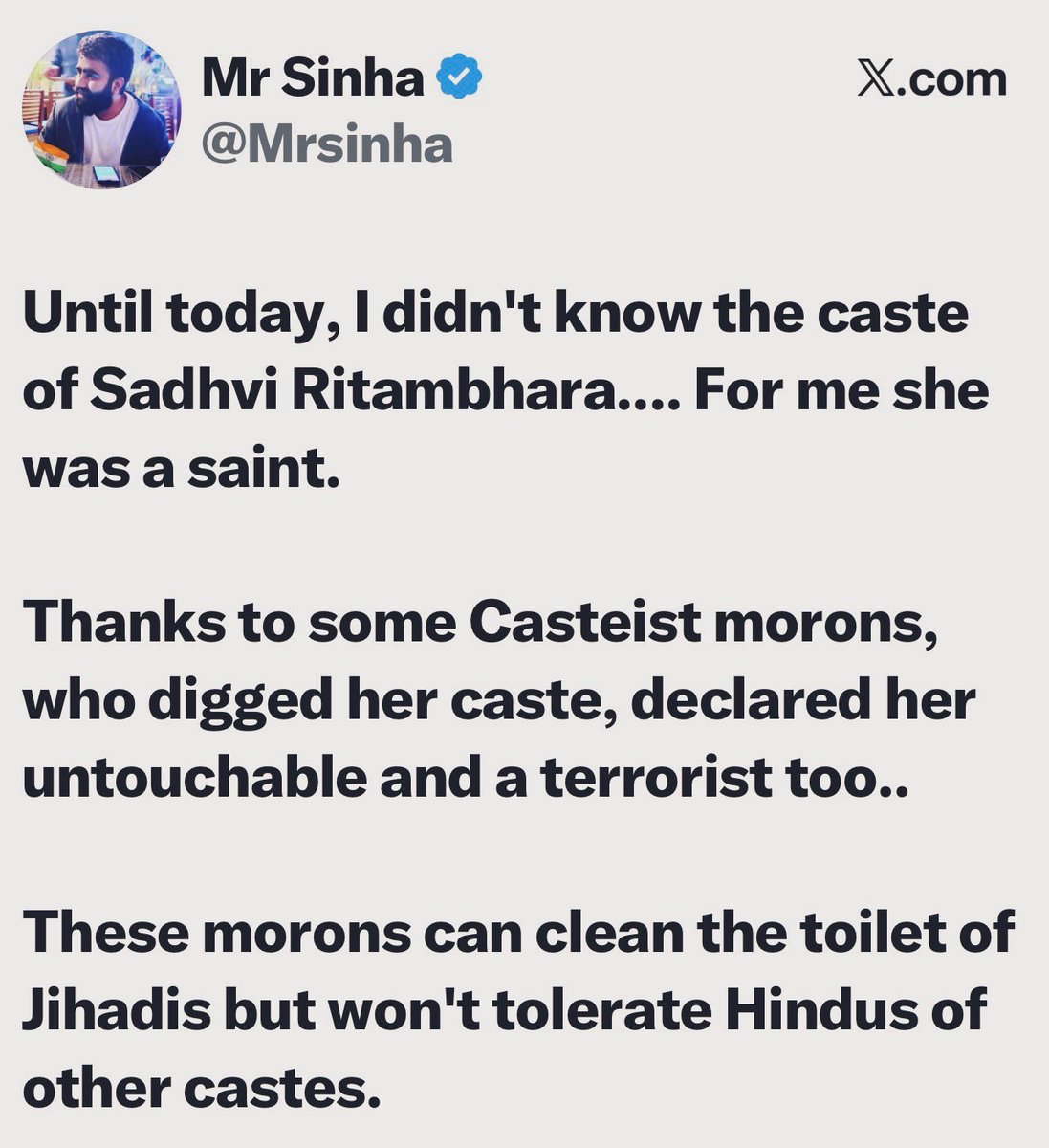 I have a question-
When govt sends caste-census people to Sadhvi Ji's Ashram, what will she fill in the "caste" column of the caste-census form??

Will there be an option, to write "Only hindu, No caste" in those forms??