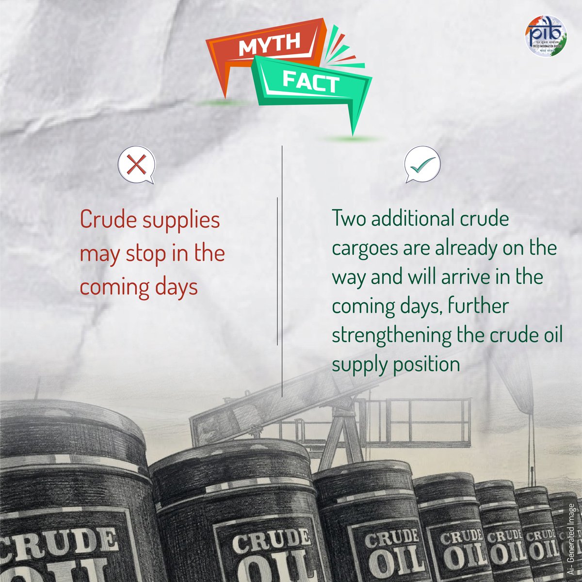 PIBChandigarh's tweet image. Several claims are circulating regarding India’s crude oil supply amid the West Asia situation. Here are the Myth vs Fact clarifications based on verified information. ⬇️

#MythVsFact #EnergySecurity #CrudeOil #IndiaEnergy #FactCheck #EnergyUpdate #WestAsia  #PIBFactCheck