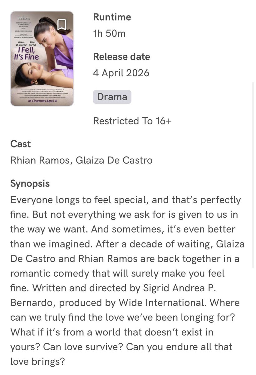rastronewgen's tweet photo. I Fell, It’s Fine is now in SM Cinema websites and is rated R-16 

🔗: https://t.co/KmH2IaomXw

#IFIF #RaStro #RhianRamos #GlaizaDeCastro #IFellItsFine https://t.co/RFimygbPQ9