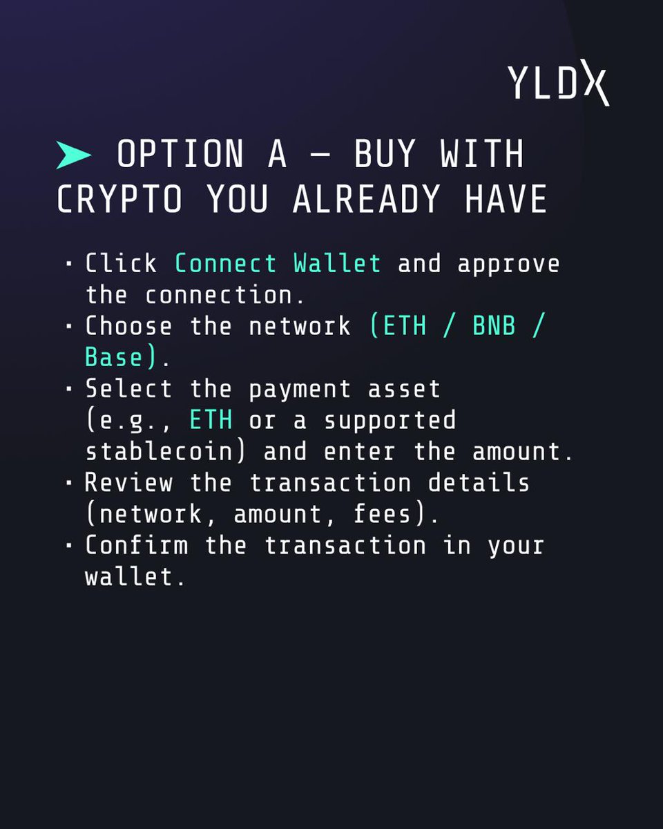 YLDX_ai's tweet photo. How to Buy $YLDX

This guide explains how to purchase $YLDX during the presale and how the automatic 1:1 staking works through sYLDX (the staked version of $YLDX).

#YLDX #DeFi #Crypto #Blockchain #Web3 #Investing #Yield #Finance #SmartContracts #Stablecoins #Ethereum #Bitcoin #BNB #SOL #XRP #ADA #AVAX #DOT #TRX #LINK #DOGE #LuxuryFinance #PassiveIncome #CryptoFund #TokenizedAssets #DigitalWealth #AITrading #CryptoInvestments #HedgeFund #LiquidityPool #DeFiEcosystem #CryptoYield #WealthManagement #FinTech #Innovation #Moonshot #NextGenFinance #CapitalGrowth #YLDXLLC #CryptoPortfolio #FinancialFreedom
