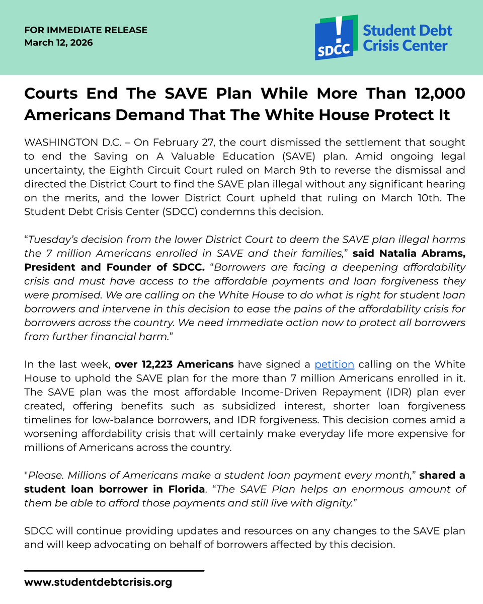 After a terrible ruling that would end the SAVE plan, SDCC and more than 12,000 supporters are urging the White House to step in and protect borrowers. Read our full statement here: