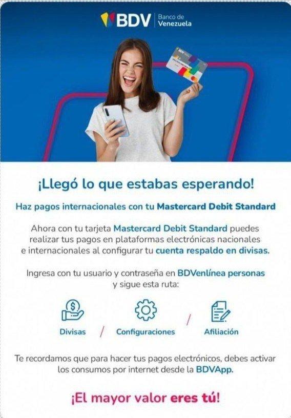 Fintechccs's tweet image. 🚨 La #Mastercard Debit Standard del @BcodeVenezuela ya funciona para pagos en plataformas nacionales y internacionales.
Límites: $1000 diarios, $5000 mensuales.