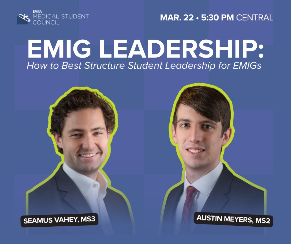 emresidents's tweet image. EMIG leaders — join our workshop on March 22 with the Medical Student Council on structuring EMIG student leadership so your group can thrive: bit.ly/40sKgdz

#EMRA #EM #EMIG #MedEd #EMBound
