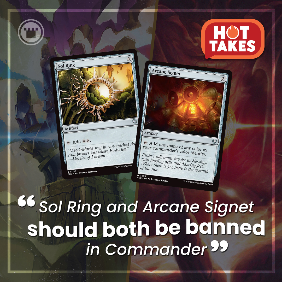 Card_Kingdom's tweet image. We're back with another staff hot take! This person thinks that since both Sol Ring and Arcane Signet are both auto-includes in every Commander deck that we should just ban both of them. Do you agree? 
#HotTake
