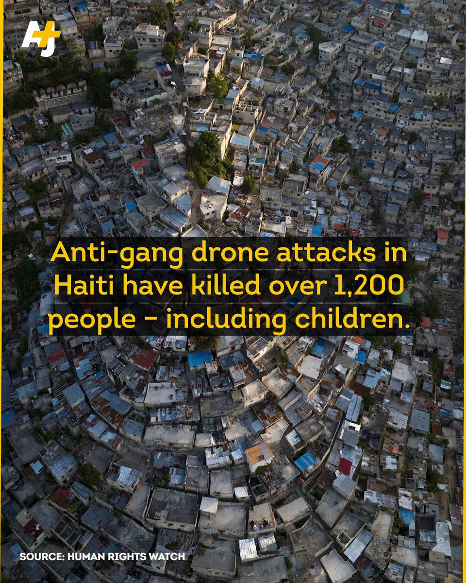 ajplus's tweet photo. A Human Rights Watch report says drones armed with exlposives have killed over 1,200 people in Haiti with 60 of them not being members of armed groups, including 17 children. The drones have been used in densely populated areas and also left hundreds injured. https://t.co/KWj8jJMibQ