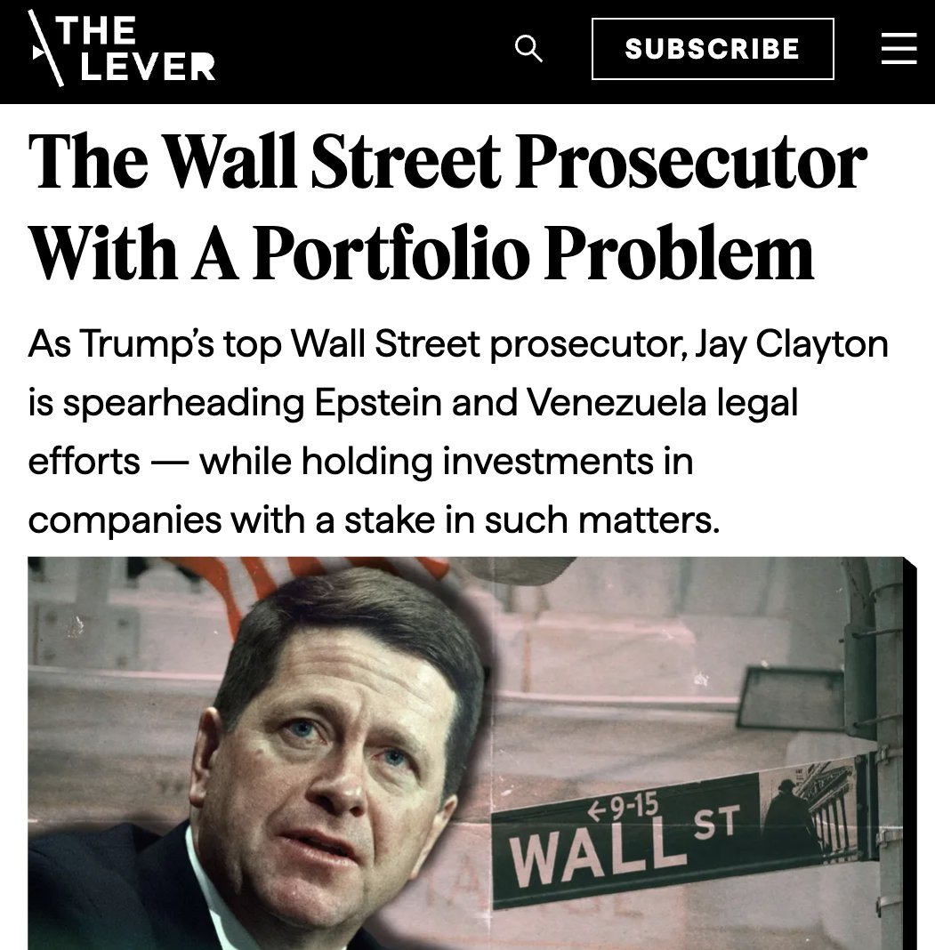 🚨NEWS: The prosecutor that Trump's DOJ appointed to investigate the Epstein Files was the chairman of - and has ongoing investments in - one of the major companies that has a potentially huge financial stake in the probe's outcome, according to documents reviewed by <a href="/LeverNews/">The Lever</a>.