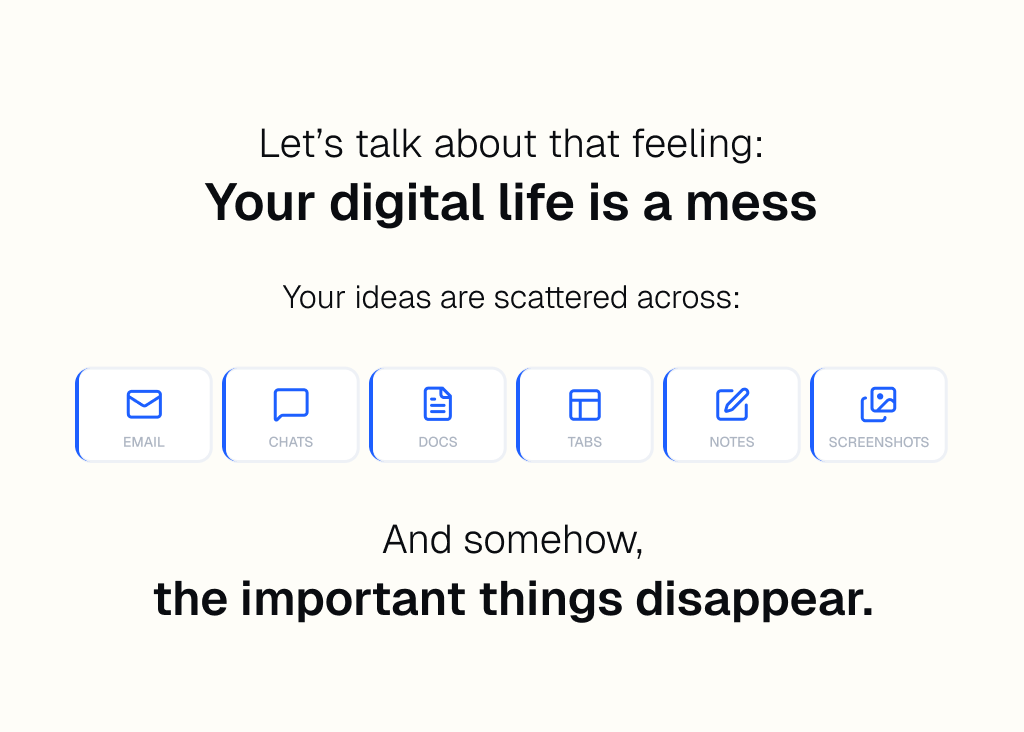 OrganyzPCM's tweet photo. Your digital life is not disorganized.

It is fragmented.

Ideas scattered across:
email
chats
docs
tabs
notes
screenshots

Nothing is lost.

But the context disappears.

Maybe the real problem is not storage.

Maybe it is retrieval.

#PKM #SecondBrain #KnowledgeManagement https://t.co/JhVrtUQjF7