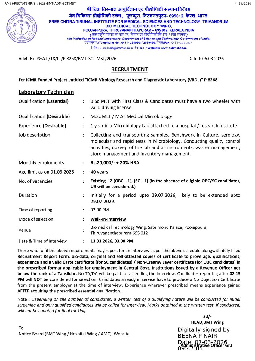 TMMAOfficial's tweet photo. We would like to honor @sctimst_tvm An Institution of National Importance (as it claims to be one) from Trivandrum, Kerala which has notified vacancies for Laboratory Technician on a temporary basis vide a notification dated 6 March 2026

Requiring 
BSc MLT having a two-wheeler as Essential Qualification
MSc MLT/ MSc Medical Microbiology as Desirable Qualification

🛵Collecting and transporting samples as one of the roles of this Job 

Monthly Pay Rs. 20,000 plus HRA

We are truly moved and humbled to see this notification from @sctimst_tvm considering MSc Medical Microbiology qualification - a Medical Qualification for this esteemed post

We would also like to Gift a Two-Wheeler 🛵 for this extraordinary service to the Nation by this institution

We are just confused - whether to gift this two-wheeler to @IndiaDST or to the other National Importance Institutions such as AIIMS, JIPMER and PGIMER, that have trained and produced and are continuing to produce MSc Medical Postgraduates who are into Medical Education and Research from the last 60 plus years as Medical Teachers or to NMC for derecognizing/ demeaning our qualifications, or to NCAHP for trying to play foul by mentioning our qualifications in its draft regulations under its councils and by illegally appointing members with MSc Medical Postgraduate qualifications in allied councils, or to NMMTA that always advocated for, lobbied and wanted the Medical Qualifications of MSc to be included under Allied Councils or to the Health Ministry that actually facilitated the political nexus who wanted this with MSc Medical Postgraduates or to our Hon'ble Prime Minister who always dreamt about the Viksit Bharat for achieving this feat 

(MSc Medical Postgraduate qualification is a Recognized Medical Qualification included under IMC Act 1956 and NMC Act 2019, and 1000s of MSc Medical Postgraduate Medical Teachers are currently serving in majority of the Medical Colleges in India and in Premier Research Institutions of the country including @NIMHANS_BLR @DRDO_India in highest academic and research positions)

PS: Even a BSc MLT graduate doesn't deserve this kind of generous pay and benefits 

@aiims_newdelhi @OfficialJipmer @NMC_BHARAT @NcahpOfficial @MoHFW_INDIA @JPNadda @PMOIndia @BJP4India @DrJitendraSingh @guptaakhilesh63 @ICMRDELHI @indianscinews @karandi65 @MemberSaraswat @narendramodi @NMMTA_Assn @Xpress_edex @timesofindia @the_hindu @TheLancet @IndianExpress @TheKhabriTweets @BShajan @TRRaju1