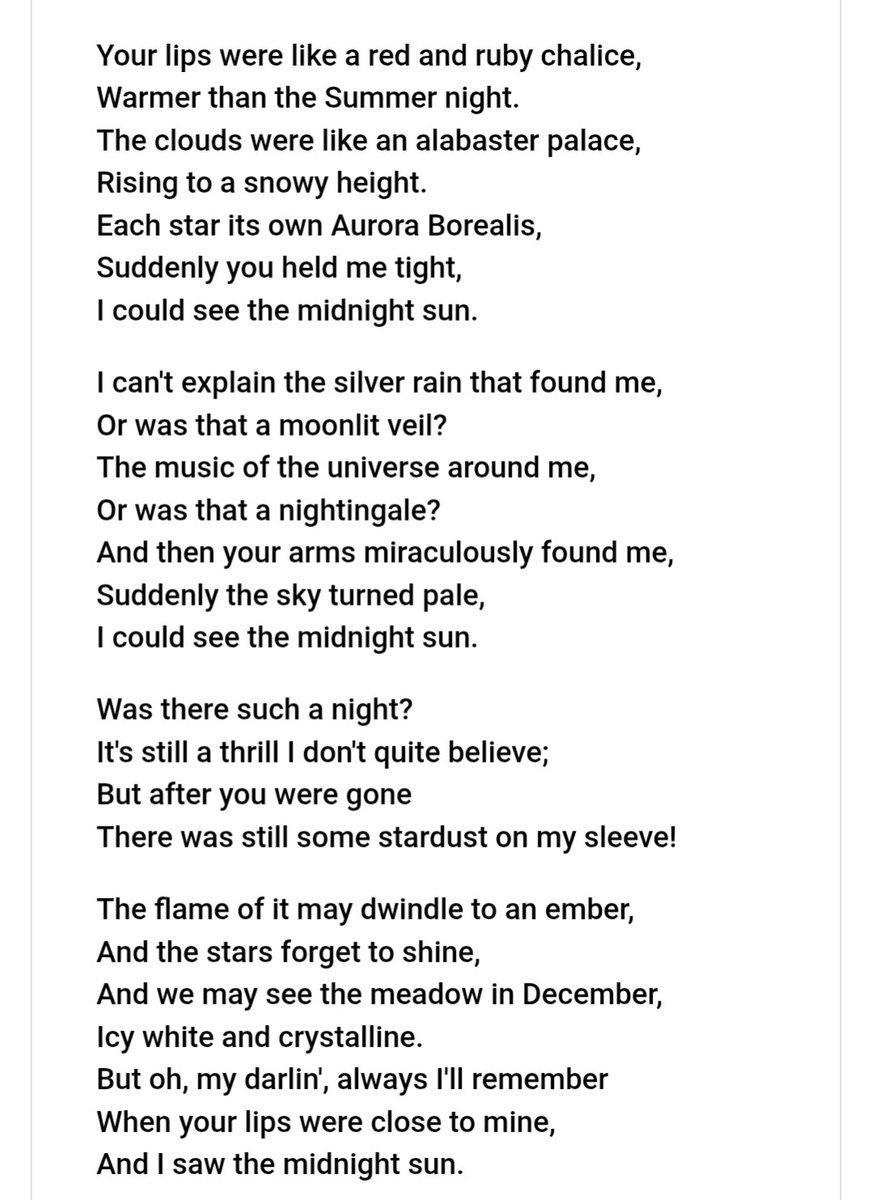 CarmellaPoetry's tweet image. 🌕MIDNIGHT SUN🌕 
#JuneChristy
'Your lips were like a red and ruby chalice...
The clouds were like an alabaster palace,
Rising to a snowy height.
Each star its own Aurora Borealis,
Suddenly you held me tight,
I could see the midnight sun.' 
#lyrics
#poetry
youtu.be/dCcyAoIpSPw?si…