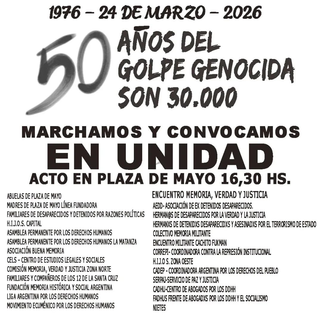 #palotinosporlamemoria
Adherimos y convocamos. Este 24 de Marzo, a 50 años del golpe genocida, marchamos en unidad ☘️
