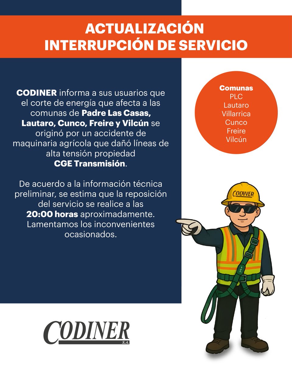 Informamos a nuestros clientes de Padre Las Casas, Lautaro, Cunco, Freire y Vilcún que el corte de suministro se debe a un accidente de maquinaria agrícola en líneas de AT de CGE Transmisión.
Causa: Daños en lineas de transmisión ajena a CODINER.
Reposición Aprox: 20:00