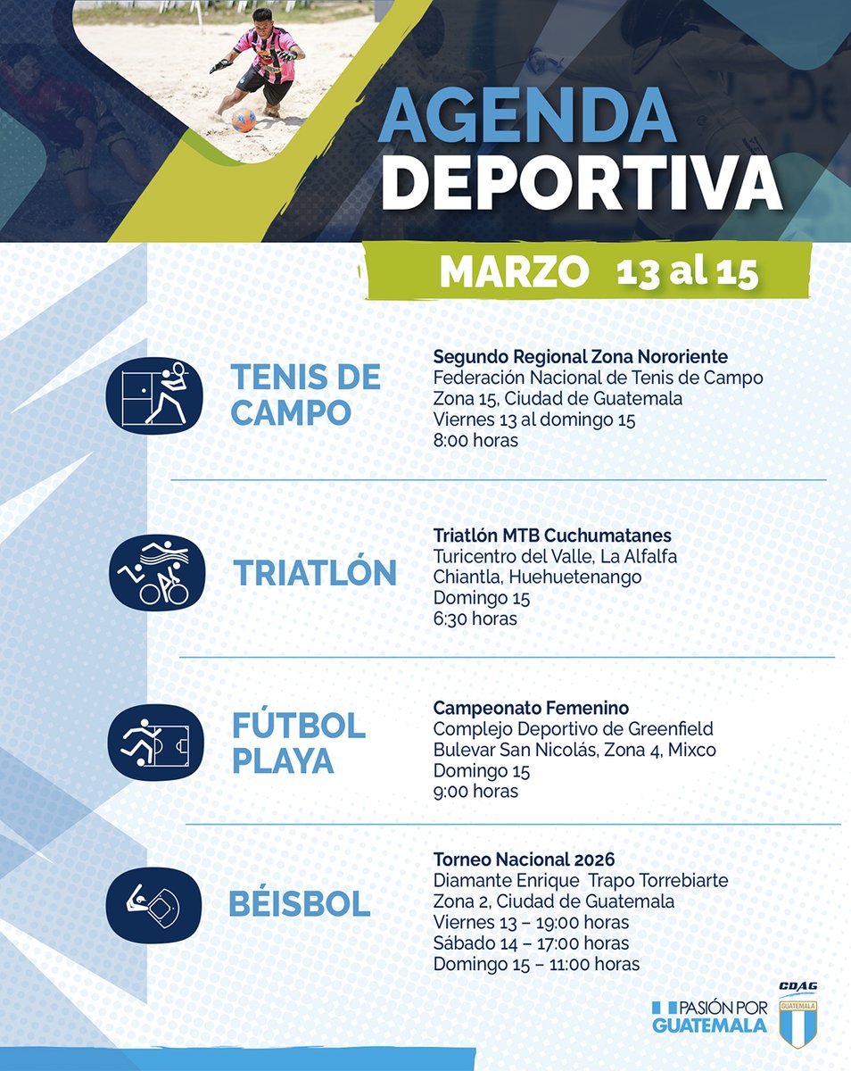 CDAG_Guatemala's tweet image. 📆💙 En nuestra agenda deportiva encontrarás los eventos del deporte federado para este fin de semana. ¡Revísala ahora! 💪🇬🇹

#Guatemala #Deportes #Atleta #Agenda #AgendaDeportiva
