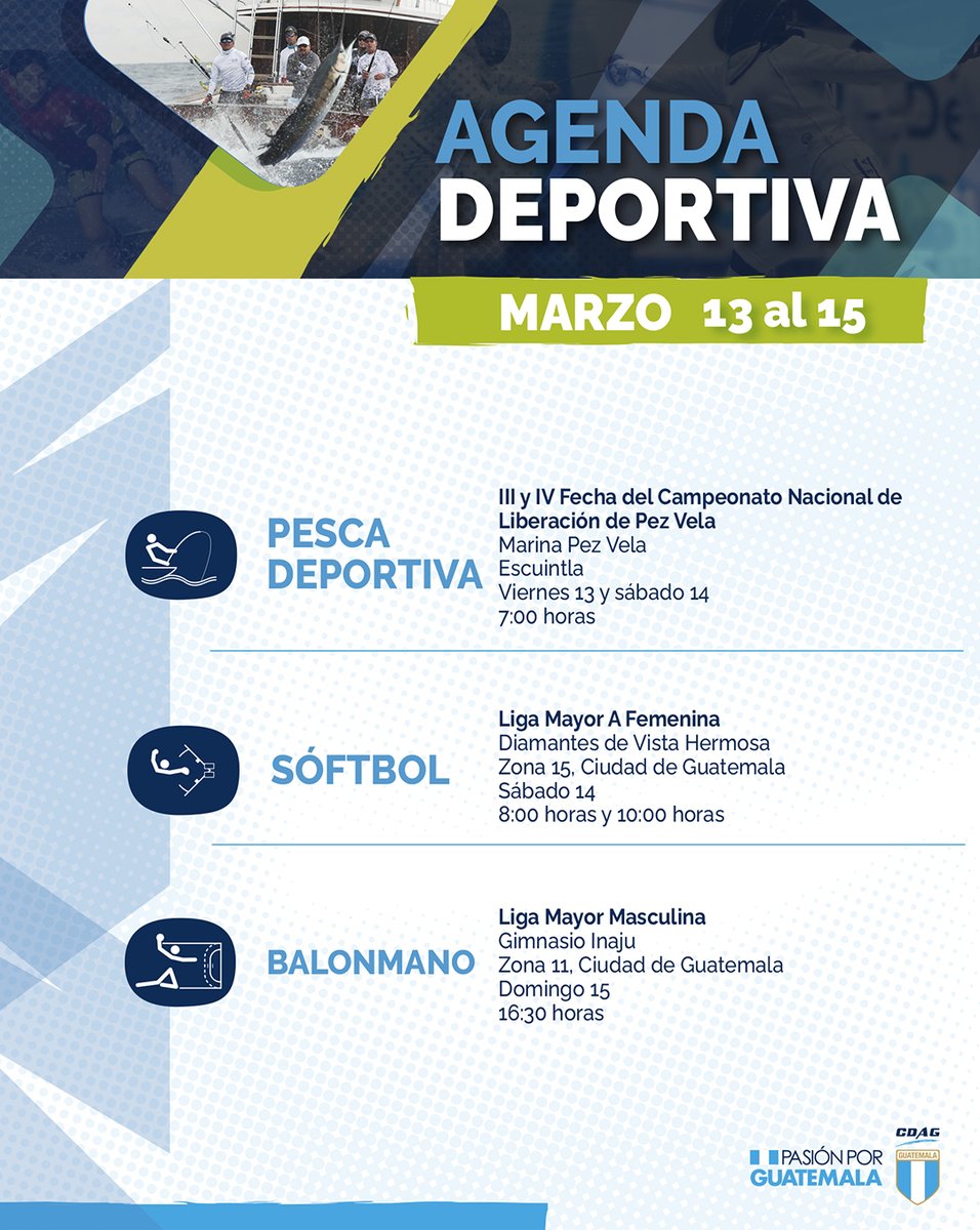 CDAG_Guatemala's tweet image. 📆💙 En nuestra agenda deportiva encontrarás los eventos del deporte federado para este fin de semana. ¡Revísala ahora! 💪🇬🇹

#Guatemala #Deportes #Atleta #Agenda #AgendaDeportiva