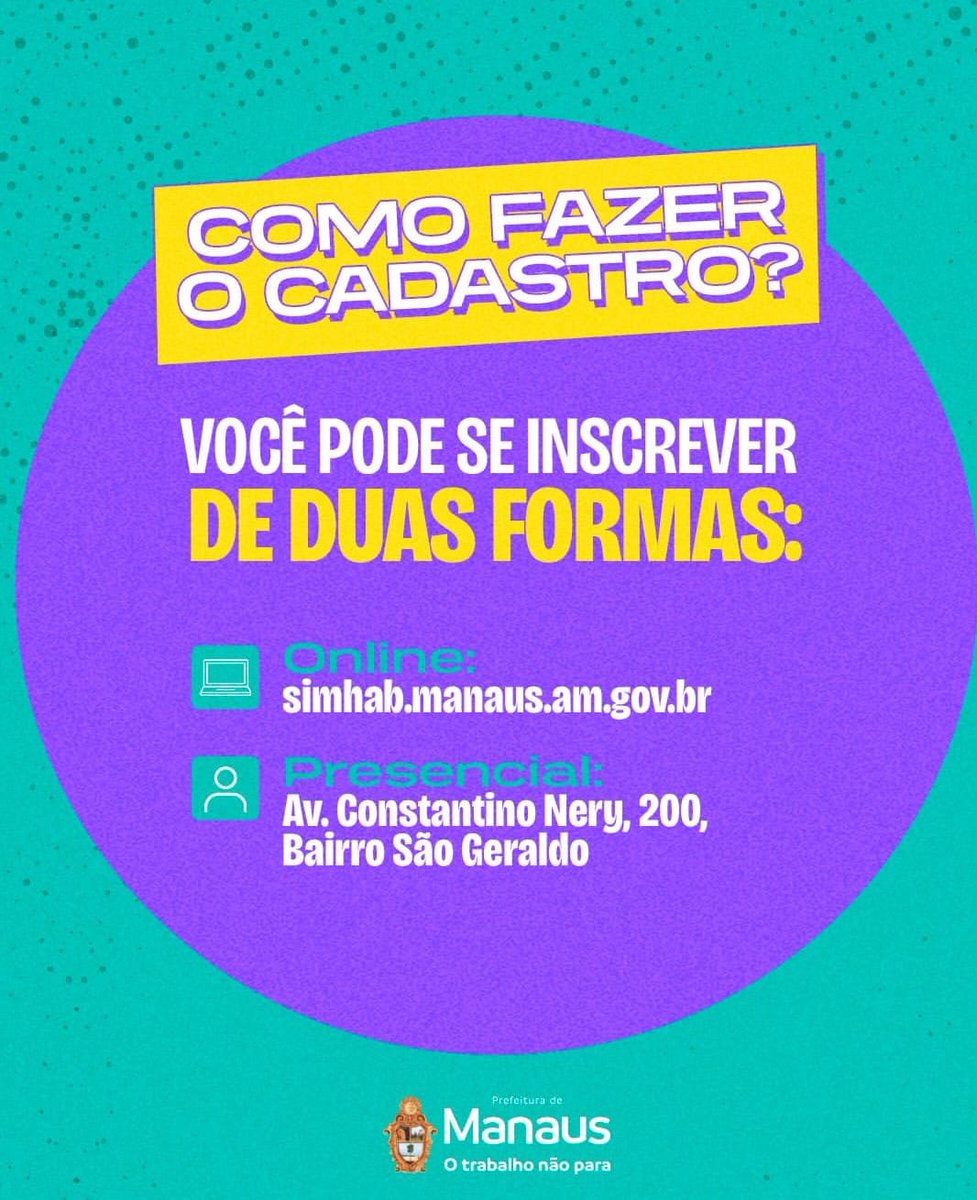 🏠 MINHA CASA, MINHA VIDA
Sonha com a casa própria? 🌈 As inscrições para o Minha Casa, Minha Vida em Manaus estão abertas! 🏠✨

Inscrições online ou presencial até 29/05. Não vacila, família! ✊🏳️‍🌈

Acesse: simhab.manaus.am.gov.br