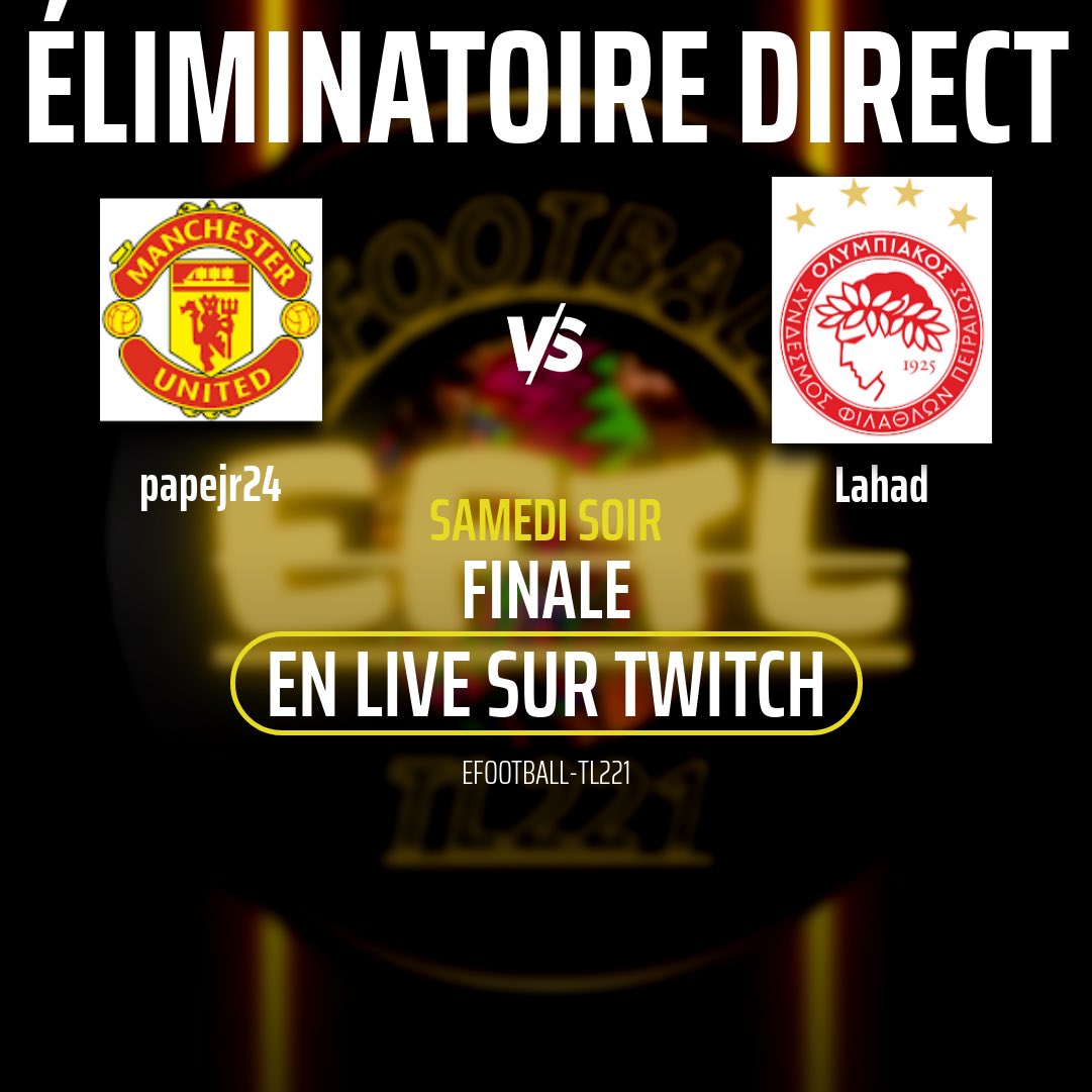eFootballTL221's tweet photo. #eFootballTL221🇸🇳 Éliminatoire Direct 🛑  
Finale 🏆🔥  
@papejr41 🆚 @LahadFall19  

#papejr déjà double champion  
#Lahad toujours à la recherche de son premier trophée  

Que le meilleur gagne 🔥  
Live demain 🛑 https://t.co/3EmpuW4m2L