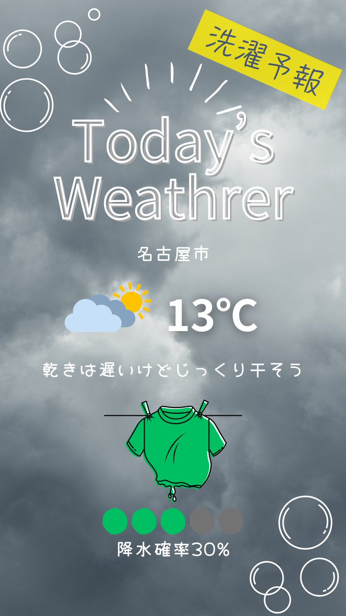 washbaselaundry's tweet image. おはようございます☀️
コインランドリー▶ WASH BLUE ◀のアカウントです🌞
今日の洗濯予報 　曇時々晴☁️☀️  降水確率30%
👕乾きは遅いけどじっくり干そう👕
#コインランドリー #名古屋市コインランドリー #洗濯物 #洗濯