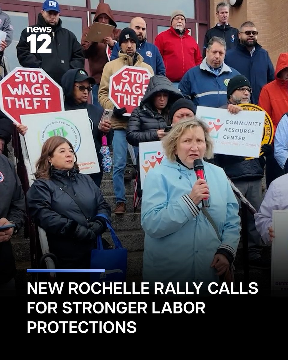News12HV's tweet image. WAGE THEFT: Dozens rallied in New Rochelle to call for stronger labor protections amidst a wage theft case.

#News12 #CourtCase #NewRochelle #LaborRights #WageTheft #WorkerProtection #FairWages

bit.ly/4usv3H2