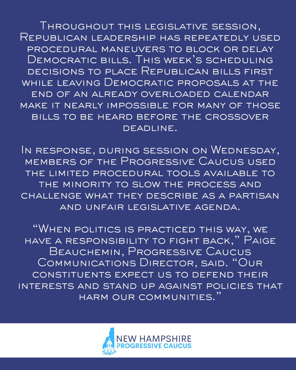 HousePCNH's tweet photo. House Progressive Caucus Press Release
 March 12, 2026- Statement on actions taken by the NH House Progressive Caucus to stand up for the rights and voices of Granite Staters as the legislature approaches Crossover Day. #NHPolitics https://t.co/tyyOpIdiIw
