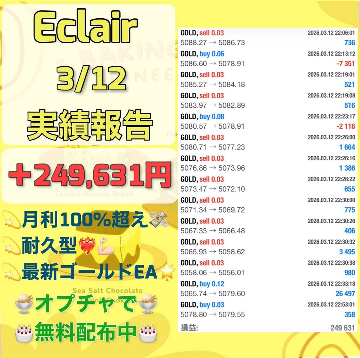 eaeaea1000's tweet photo. 3月12日収支

FX自動売買
🧁Eclair🧁
＋249,631円(日利24.9%)

🍰耐久型
✅危険指標をモノともしない高耐久
✅東京時間だけで高利益
想定月利100%

無料EA受取オプチャ👇
https://t.co/kZVt8oCXCy
ad 
ゴールド GOLD 雇用統計 FOMC https://t.co/wkMyK97CEV