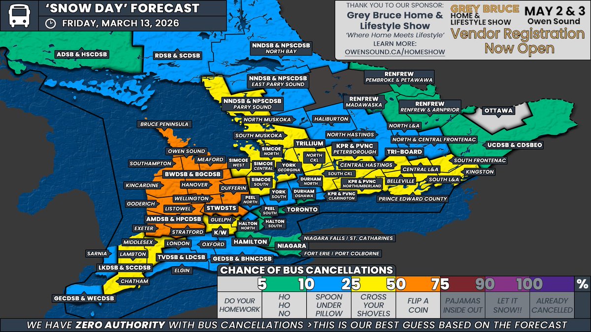 IWeatherON's tweet photo. #ONStorm #ONwx 🚌 ‘Snow Day’ Forecast: Blowing Snow Threat Friday May Give Some Southern Ontario Students an Early Start to March Break

📅 Friday, March 13, 2026

⤵️ VIEW TOMORROW'S FORECAST HERE ⤵️
🔗 https://t.co/7GItfON2M4

Disclaimer: Instant Weather has zero authority when it comes to bus and school closures. It is completely up to the school boards, bus companies, local authorities, and parents to decide what is best for their children. This is our best guess based on our forecast.

- Brennen

———
Thank you to our sponsor, City of Owen Sound - Grey Bruce Home and Lifestyle Show!

🏡✨ Vendor Registration is NOW OPEN! ✨🏡

The Grey Bruce Home and Lifestyle Show returns to Owen Sound on May 2–3, 2026.

The show reflects today’s lifestyles - bringing together home, renovation, outdoor living, wellness, recreation, technology, and more. New this year are specialized vendor zones, including an Angler & Hunter zone, indoor and outdoor commercial exhibitor booths, and live demonstrations that create an interactive experience for attendees.

With nearly 3,500 attendees annually, this is a great opportunity to connect with residents and visitors while supporting community initiatives.

Register today: https://t.co/mjLnI1Gr9t
May 2–3, 2026 | 10 a.m. – 4 p.m.
Admission: $5 | Kids 12 & under FREE
519-376-4440 ext. 1237  
events@owensound.ca
———
