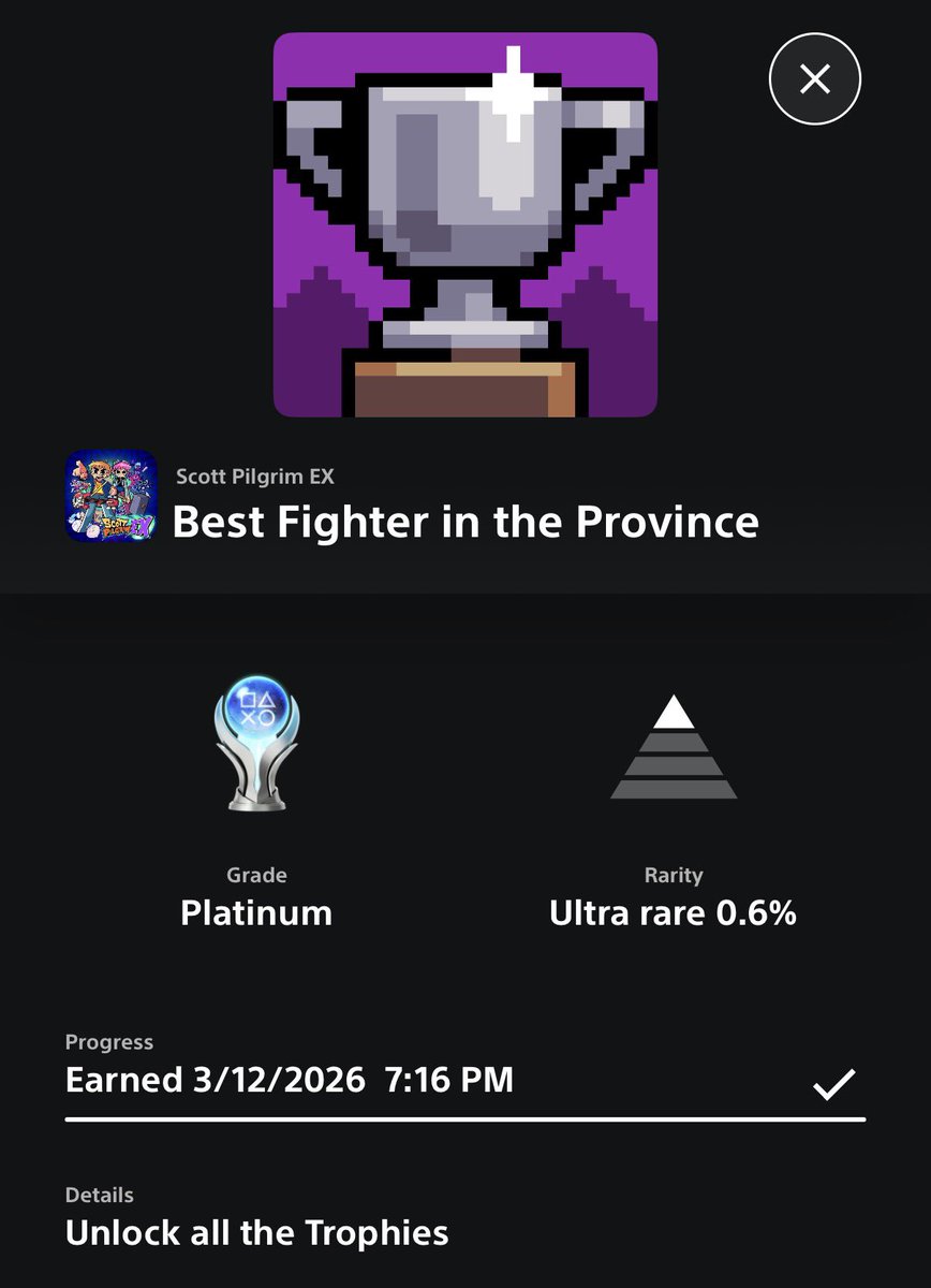 OldRenGaming's tweet photo. Scott Pilgrim EX is platinum 142!
Super fun beat em’ up! Love the nostalgia nods and funny references. Definitely recommend! @TributeGames 
#scottpilgrimex #scottpilgrim #PS5 #platinum https://t.co/WqSqP9XN0H