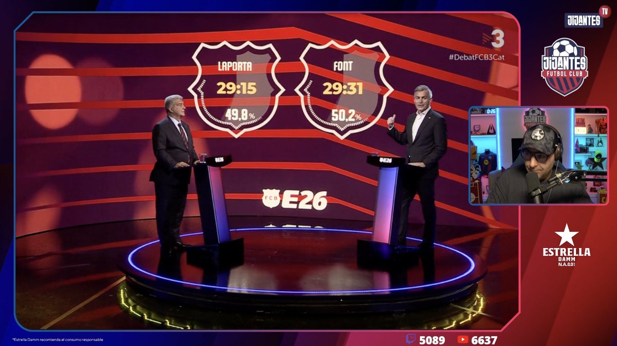 📺 DIRECTO <a href="/JijantesFC/">Jijantes FC</a>

¿Qué se admiran los candidatos a la presidencia del Barça?

🗣️ Laporta de Font: "Admiro que es del Barça, su barcelonismo".

🗣️ Font de Laporta: "Admiro su intuición, por eso a veces la improvisación le funciona. Pero, es un riesgo".

🔗