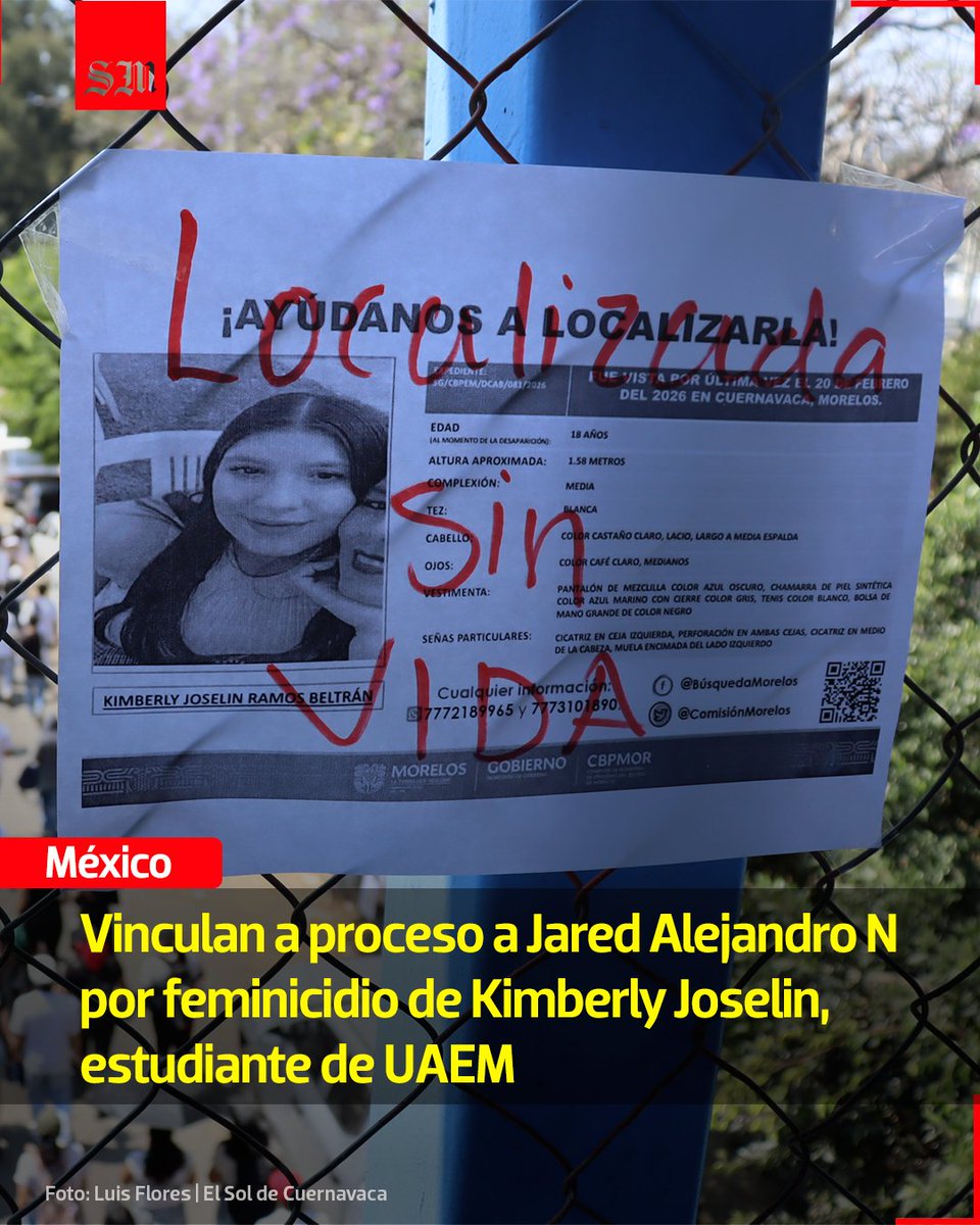 ⚖ Este jueves 12 de marzo un juez determinó que había pruebas suficientes para vincular a proceso por feminicidio a Jared Alejandro N, el único detenido por el caso de Kimberly Joselin: oem.com.mx/elsoldecuernav…
📸 Luis Flores | El Sol de Cuernavaca