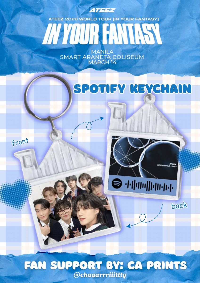 chaaarrriiittty's tweet photo. 𝗔𝗧𝗘𝗘𝗭 𝗜𝗻 𝗬𝗼𝘂𝗿 𝗙𝗮𝗻𝘁𝗮𝘀𝘆 𝗠𝗔𝗡𝗜𝗟𝗔 
fansupport by: @chaaarrriiittty 

spotify keychain 💙

• likes &amp; rts are appreciated 
• limited qty | random distribution 1:1
• time &amp; exact loc: tba

#ATEEZ #에이티즈 #InYourFantasy_MNL #ATEEZinManila https://t.co/tWHSRSH1Ls