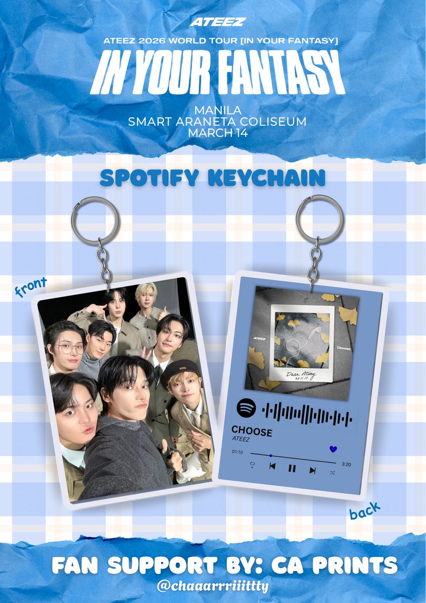 chaaarrriiittty's tweet photo. 𝗔𝗧𝗘𝗘𝗭 𝗜𝗻 𝗬𝗼𝘂𝗿 𝗙𝗮𝗻𝘁𝗮𝘀𝘆 𝗠𝗔𝗡𝗜𝗟𝗔 
fansupport by: @chaaarrriiittty 

spotify keychain 💙

• likes &amp; rts are appreciated 
• limited qty | random distribution 1:1
• time &amp; exact loc: tba

#ATEEZ #에이티즈 #InYourFantasy_MNL #ATEEZinManila https://t.co/tWHSRSH1Ls