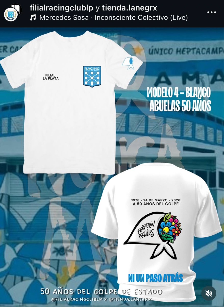 ❕ATENCIÓN HINCHAS DE #Racing

A 50 años del último golpe cívico militar, y en línea con <a href="/abuelasdifusion/">Abuelas de Plaza de Mayo</a>, la Filial La Plata hizo estas remeras hermosas a precio amigo hasta el talle 4XL.
La memoria se construye entre todxs.

Pedí la tuya por Ig o al 2241 566401
Se agradece RT🙏🏻