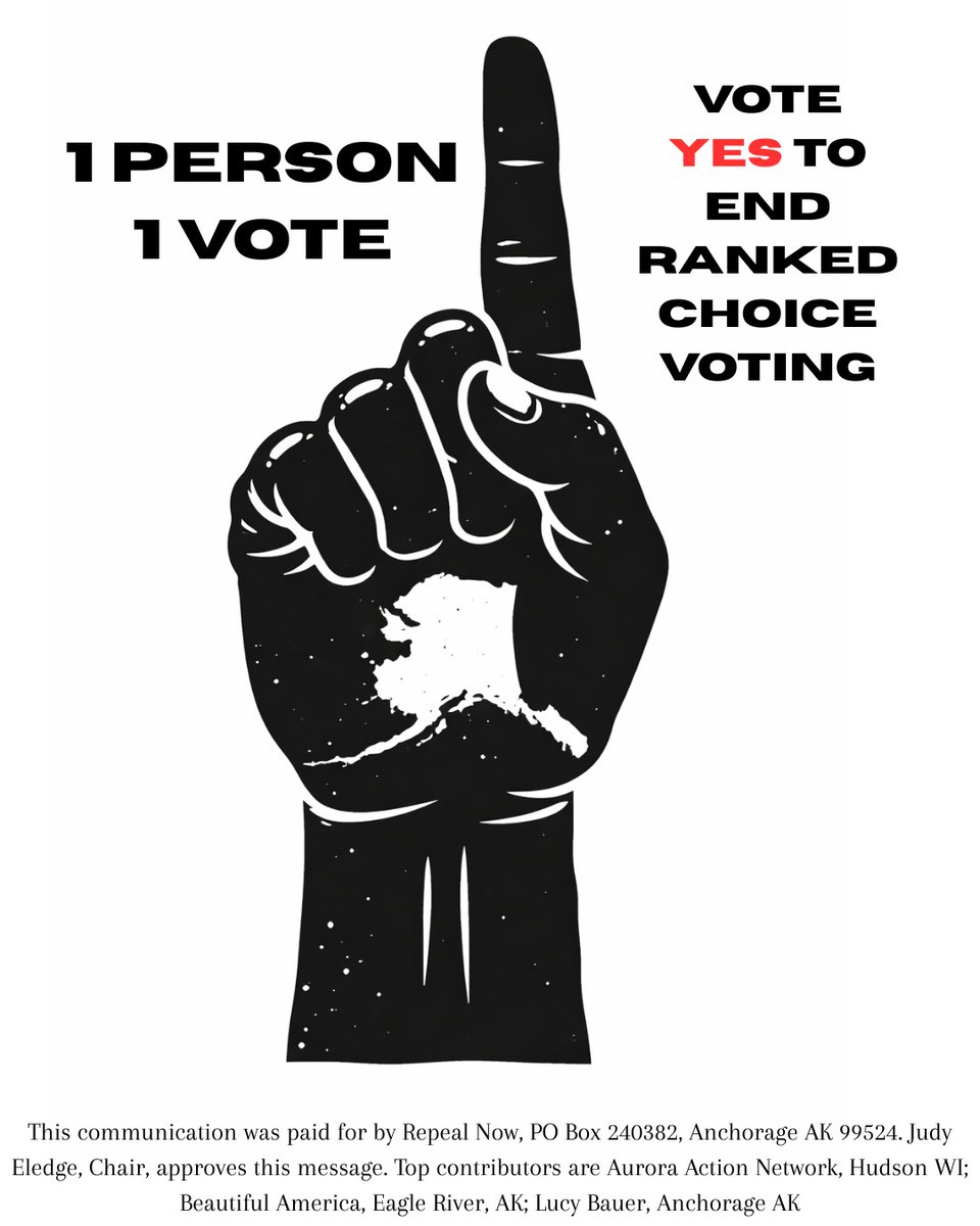 repealnowak's tweet photo. 1️⃣It's simple: one person, one vote. Alaska deserves a normal voting system. Vote Yes to end RCV.