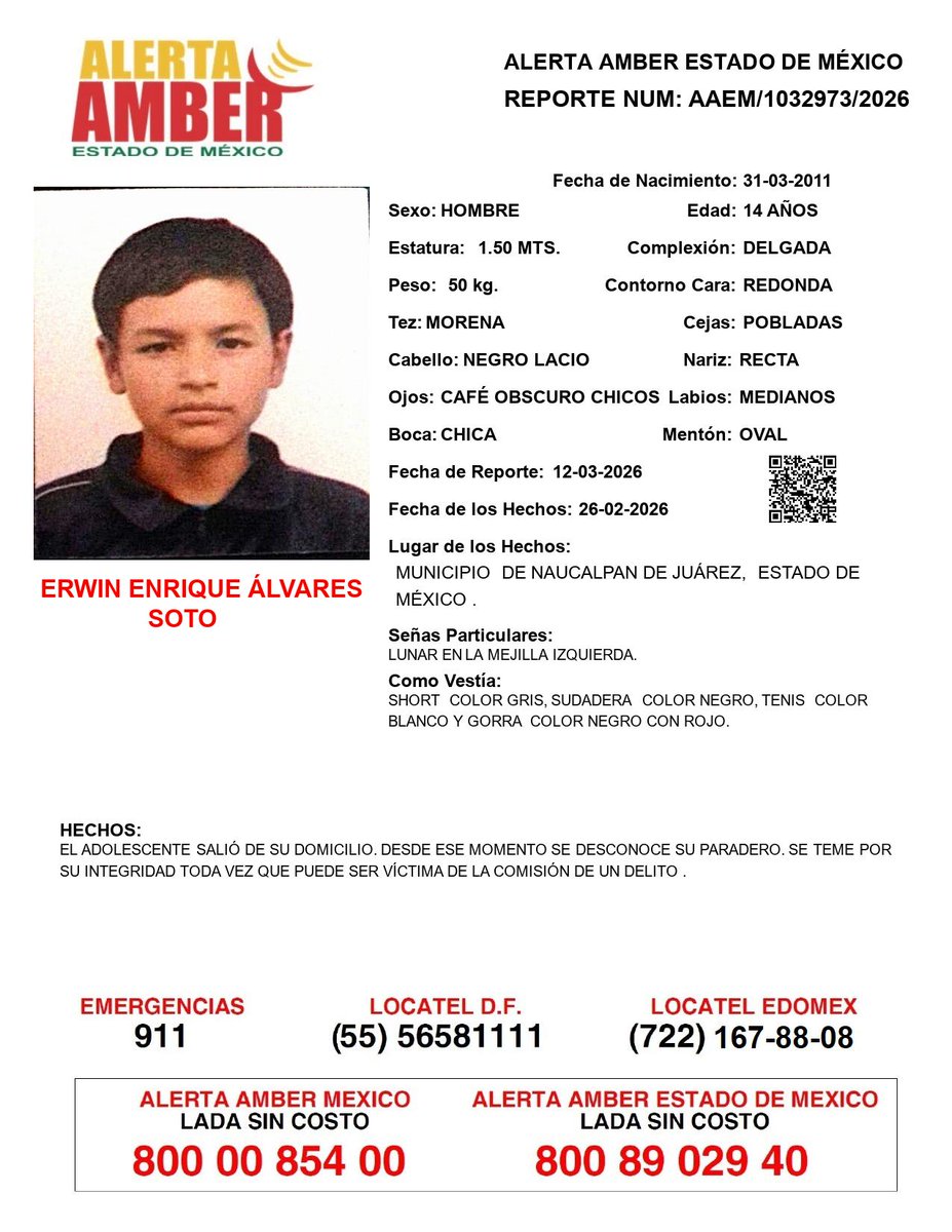 📍Tu apoyo es importante, ayúdanos a difundir, cualquier información para localizar a la siguiente persona comunícate al 📞 800 890 2940 Alerta Amber EDOMEX y ☎️ 800 7028 770 #FiscalíaEdoméx.