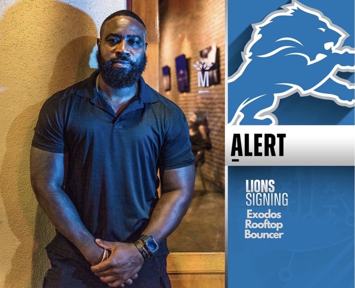 the_goffense's tweet photo. BREAKING: #Lions have agreed to terms with Exodus Rootop (Greektown) Bouncer. It’ll be a 1 year minimum contract plus a Ford-150 and Cade Cunningham bobblehead in a deal negotiated by @KlutchSports. A new EDGE2 comes to prove himself in Detroit. https://t.co/ULGH6Budas