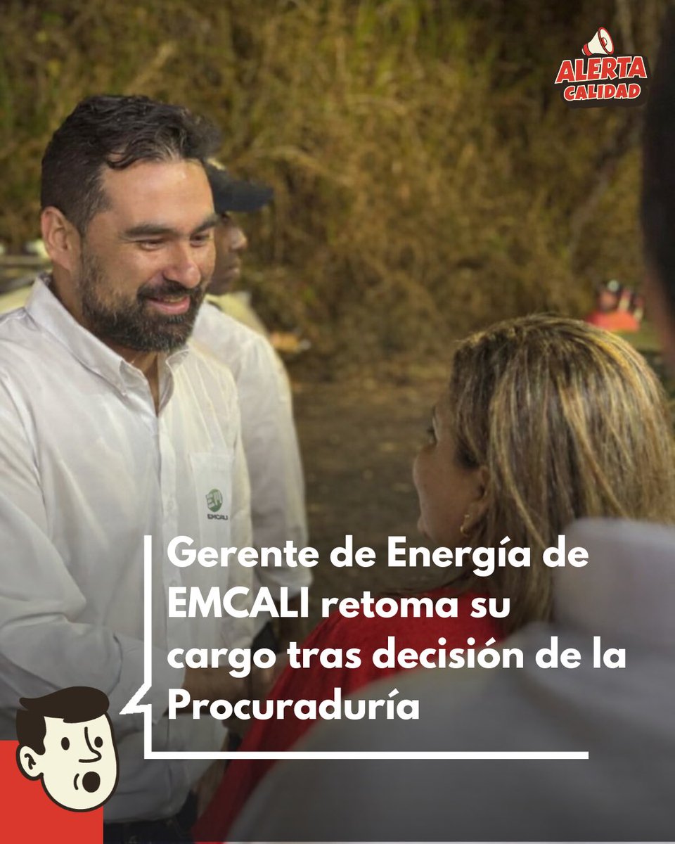 AlertaCalidad's tweet photo. #ALERTA | 🚨 El gerente de Energía de EMCALI, José David Insuasti, retomó sus funciones luego de que la Procuraduría levantara la suspensión provisional en su contra por la investigación sobre la fase II del alumbrado público de Cali.
#AlertaCalidad #Cali #Emcali https://t.co/6tE08I2slC