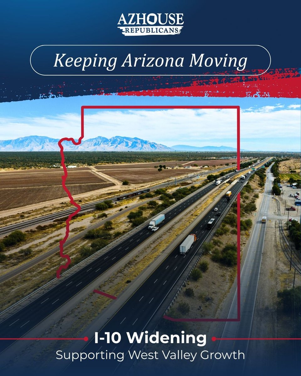 AZHouseGOP's tweet photo. Buckeye and the West Valley are among the fastest-growing areas in Arizona.

That growth means more families, more jobs, and more drivers relying on I-10 every day.

The proposed widening of I-10 from SR 85 to Citrus Road would expand capacity along a critical stretch of highway, helping improve safety and preserve reliable travel for both commuters and freight moving through the region.

Despite these growing transportation needs, Governor Hobbs removed funding for the project in her latest budget proposal.

Arizona House Republicans are continuing to push for this investment to remain a priority for the West Valley. Leaders including Majority Leader @MichaelCarbone, Speaker @SteveMontenegro, and Representatives David Livingston (@Livingston4AZ) @realnickkupper, and @BevPingerelli are working to keep this project moving forward for Arizona drivers and businesses.

#KeepArizonaMoving #AZHouseGOP #AZMajorityWorks #Buckeye #WestValley