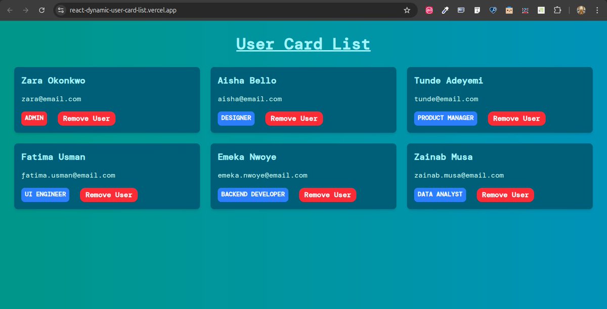 ManolisTheDev's tweet photo. Day 23 of #GDGoCBowen #GDGoC30DayChallenge #GDGoCBowen30DayChallenge
Today, I  built a list of user cards where each card is a separate React component receiving  data via props.
Code : https://t.co/HW8Z7TIdEN
Live : https://t.co/90tcv7CYPE

@gdgoc_bowen https://t.co/3EMvNz4jJp
