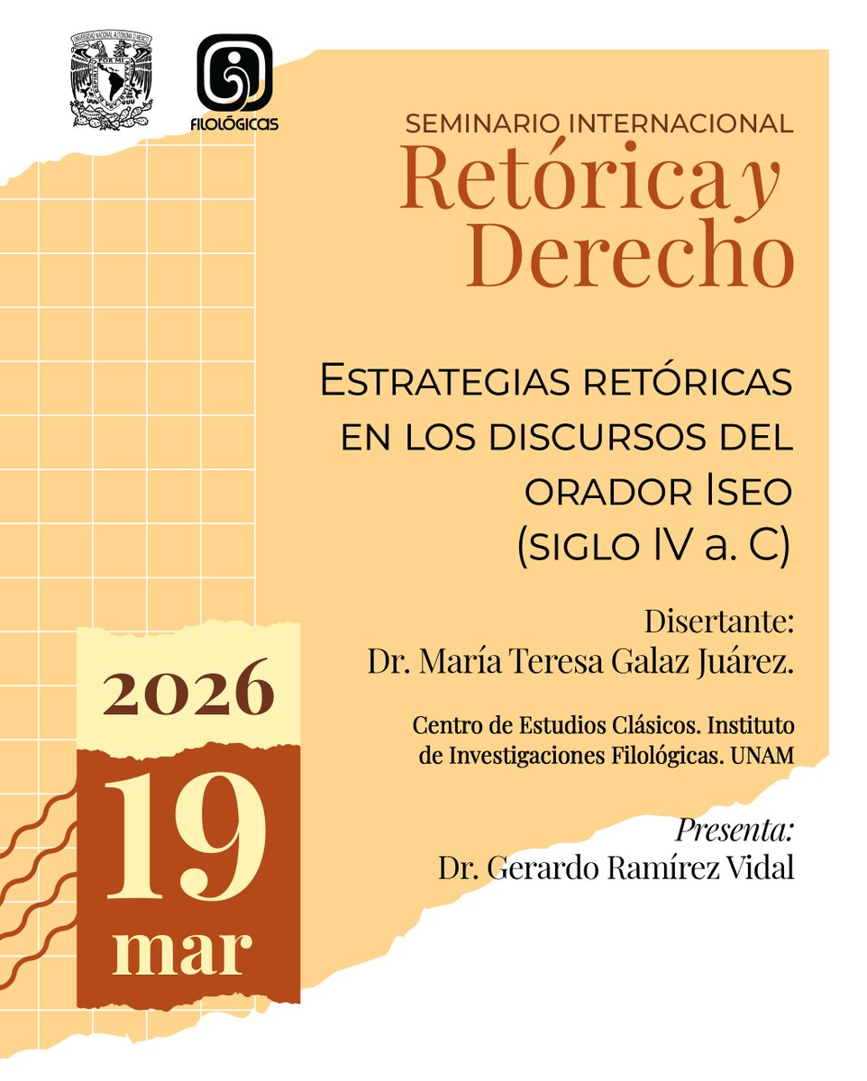 IIFL_UNAM's tweet image. 🔸 Estrategias retóricas en los discursos del orador Iseo (siglo IV a.C)
📅 Jueves 19 de marzo
🗣 Disertante: María Teresa Galaz
⌚12:30 horas
💻 Transmisión por #FacebookLive y por el canal de #YouTube IIFL Streaming
✍ Inscripciones: seminario.internacional@filo.unt.edu.ar