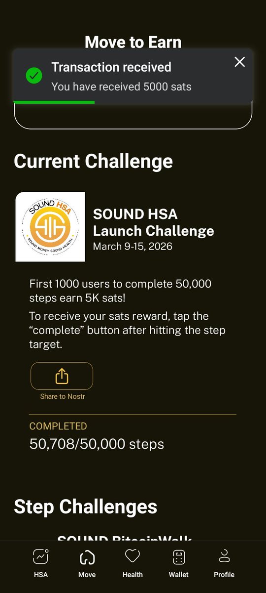 Angelosgz's tweet image. Successfully completed my third challenge with @SOUND_HSA @thebitcoinyogi 🏃‍♂️ 😎 

More health, more Bitcoin! Received my 5K! ⚡️

#SoundHSA #MoveToEarn #RunningBitcoin