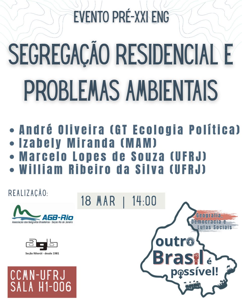 Na quarta-feira o debate é sobre segregação residencial e problemas ambientais. 

Organizamos a mesa pelo GT de Ecologia Política da AGB-Rio e Niterói, em preparação para o Encontro Nacional das Geógrafas e Geógrafos (ENG).
