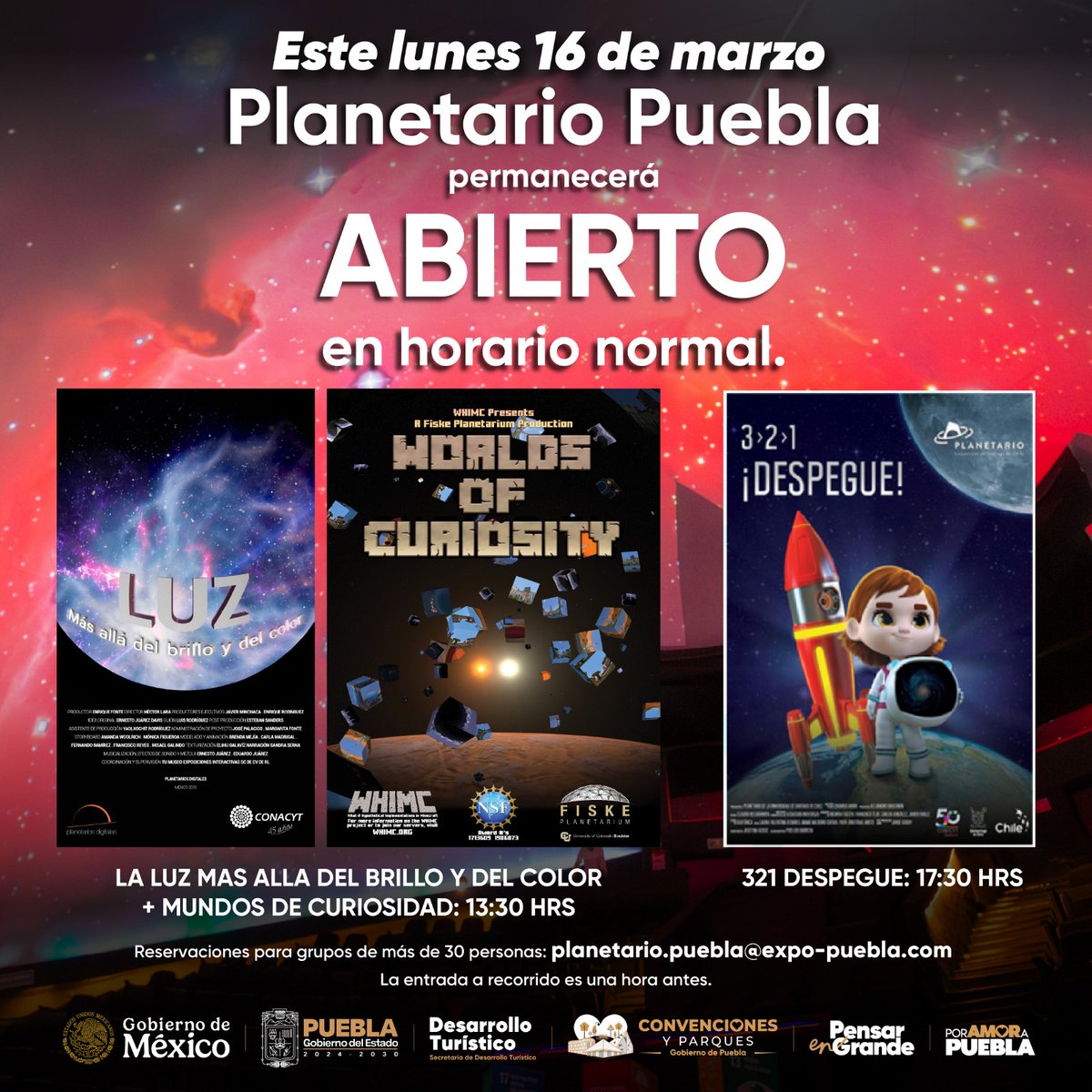 🔭✨Aviso importante.

Este lunes 16 de marzo, el Planetario de Puebla permanecerá abierto en su horario habitual con su cartelera programada.

¡Te esperamos para disfrutar una experiencia única y descubrir el universo!🌌

#PueblaElLatidoDeMéxico #CienciaParaTodos #PorAmorAPuebla