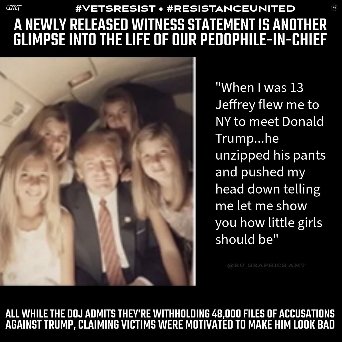 ru_graphics's tweet image. #ResistanceUnited
#ReleaseAllTheEpsteinFiles
#AGBondiProtectsPedos
#FBIDirPatelProtectsPedos
The Epstein files prove Donald J. Trump was guilty of sexual assault of very young girls in association with Epstein.
AG Bondi is withholding 48,000 files which show Trump's hrape, sexual