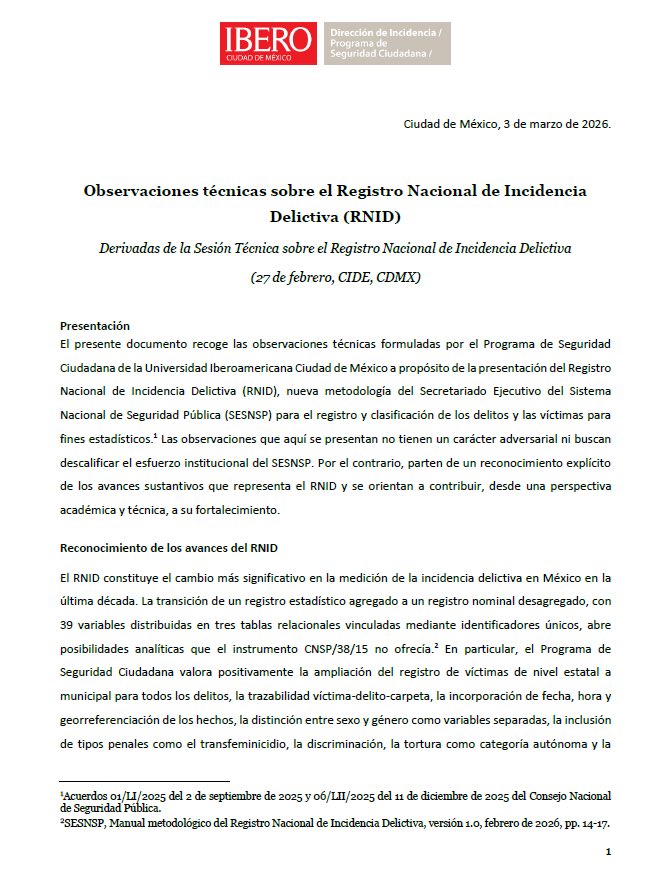ErnestoLPV's tweet photo. La descomunal reducción de homicidios intencionales reportada por el gobierno federal, más la puesta en marcha del registro nacional de incidencia delictiva, llevó al @PSC_IBERO @IBERO_mx a emitir esta opinión Técnica, entregada al @SESNSP 

Invitamos a la lectura atenta. https://t.co/yXQKm4No3a
