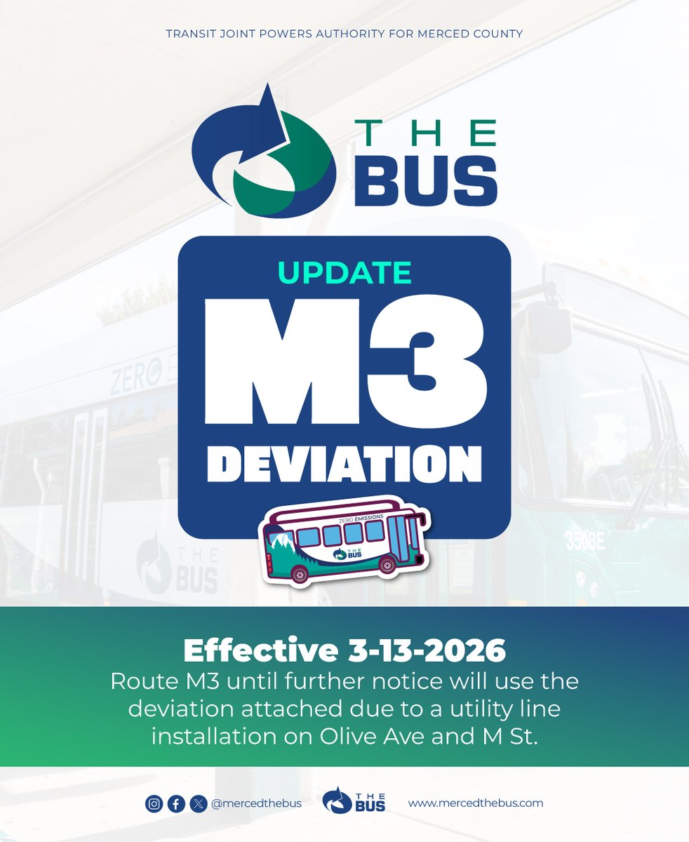 mercedthebus's tweet photo. 🚨 Route Deviation Notice from The Bus 🚨

Route M3 will use a temporary detour until further notice due to utility line installation on Olive Ave &amp; M St. Please follow the posted detour map and allow extra travel time. The Bus apologizes for the inconvenience. 🚍

#ridethebus https://t.co/gTst8WT35b